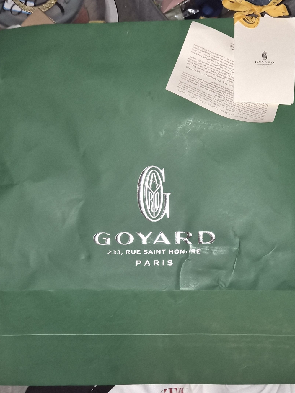 Authentic Goyard XL Green Paper Shopping Bag with Cards Ribbon Tag 23x19.5x6